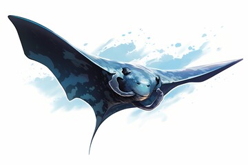 Giant manta ray soaring through the open ocean, isolated on white solid background - obrazy, fototapety, plakaty
