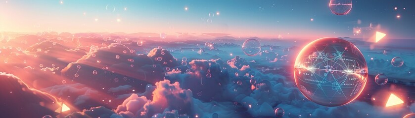 Craft an engaging visual of a birdseye view illustrating a surreal landscape where abstract thought bubbles filled with quantum equations interact with the physical world Incorporate elements 