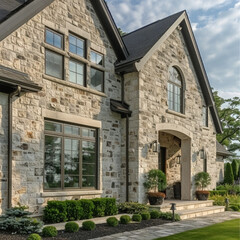A house with a stone finish that embodies a sophisticated rustic charm seen in contemporary farmhouses. The finish is made up of moderately varied, mostly grey stones with occasional beige highlights