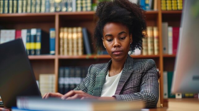 In a busy office a paralegal sits at her computer diligently researching legal precedents and statutes to assist her legal team in navigating complex legal cases. .