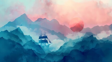 Blue tone mountains and boat illustration poster background