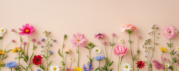 Lovely spring flowers banner isolated on pastel color background,  Greeting card for International Women Day. Valentine's Day, Mother's Day, Flat lay. - obrazy, fototapety, plakaty