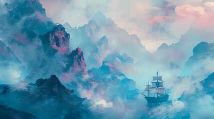 Blue tone mountains and boat illustration poster background