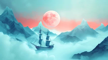 Fototapeten Blue tone mountains and boat illustration poster background © jinzhen