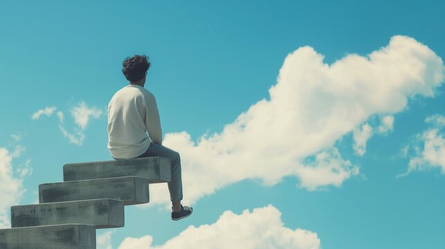 Thoughtful young man in white shirt sitting at the end stairs against sky, concept of lonely man thinking, man enjoy loveless.