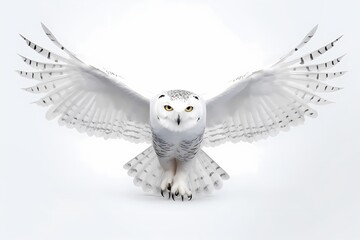 Majestic snowy owl in flight, wings outstretched in silent grace, isolated on white solid background