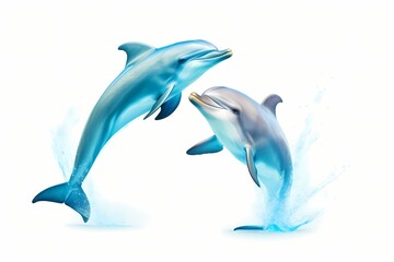 Graceful dolphins dancing in synchronized harmony, isolated on white solid background