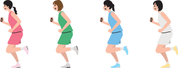バスケ（バスケットボール）で走る女性のイラストセット