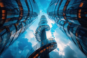 Genetic Skyscrapers: A Futuristic Cityscape Seamlessly Integrating Technology and Biology - obrazy, fototapety, plakaty