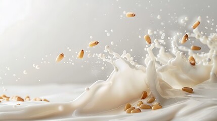 Obraz na płótnie Canvas wave of milk flying in the air with pine nut kernels on a solid white background,