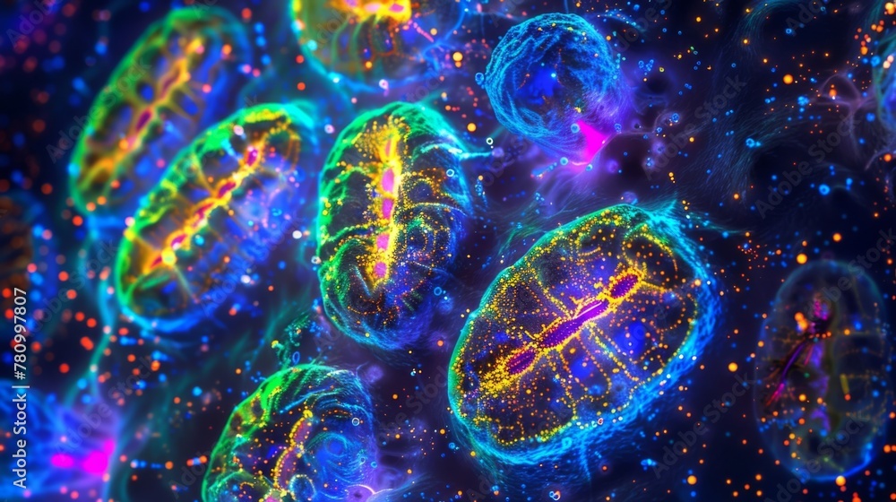 Poster a fluorescent microscopy image showing mitochondria actively moving and fusing together to form larg