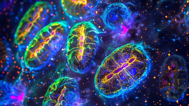 A fluorescent microscopy image showing mitochondria actively moving and fusing together to form larger structures within the cell.