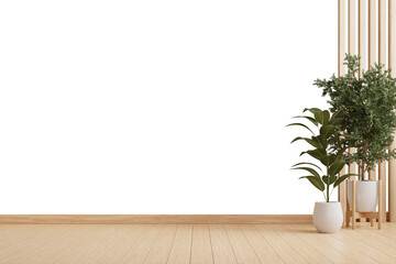 Wall transparent mockup with plants on a floor,Minimalist empty room with wooden floor- 3D rendering