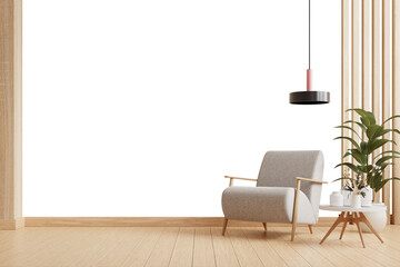 Modern minimalist interior with an armchair on empty warm cream color wall background- 3D rendering