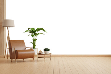 Modern minimalist interior with leather armchair on transparent background- 3D rendering