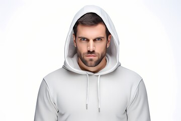 man wearing winter hoodie isolated on solid white background