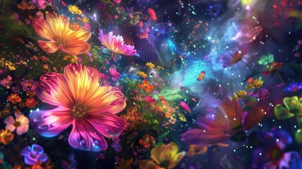 A mesmerizing collision of rainbow flowers exploding into a psychedelic paradise.