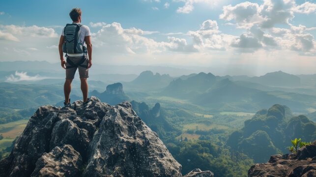 A leader stands atop a mountain peak surveying the vast landscape below with a sense of purpose and determination his team following closely behind as they conquer obstacles together. .