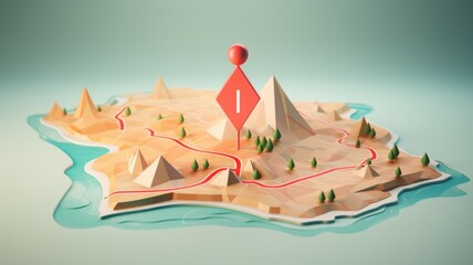 Stylized low poly island landscape with pin - A 3D rendered low poly island with trees, mountains, and a route marked by a pin, evoking adventure and exploration imagery
