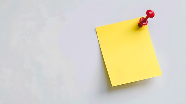 Bright yellow sticky note on a gray background pinned by a red pushpin. Minimalistic composition, ideal for reminders and memos. Simple and clean design for organization. AI