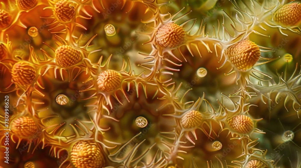 Poster A microscopic view of a pollen grain its surface dotted with spiked projections resembling a dense forest floor.