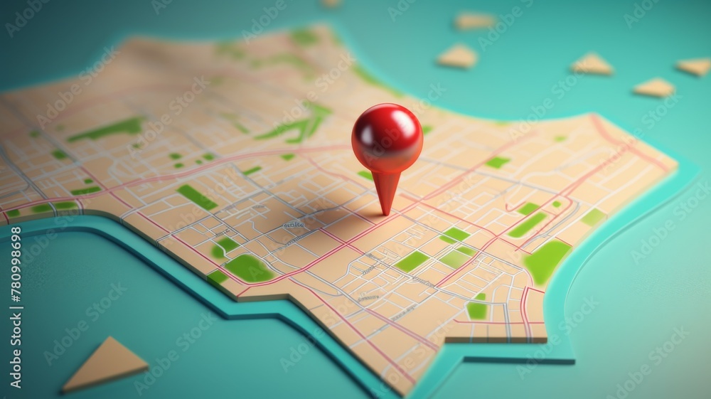 Aufkleber 3d rendered map with location pin and landmarks - a highly detailed 3d rendered map with a prominent