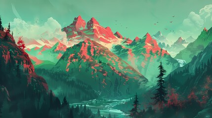 Fototapeta na wymiar Digital green mountain top scenery illustration abstract poster web page PPT background