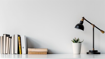 Minimalistic Home Office Desk Setup with Lamp and Books. Perfect for Simple Lifestyle Design. Modern and Clean Work Space Concept. AI