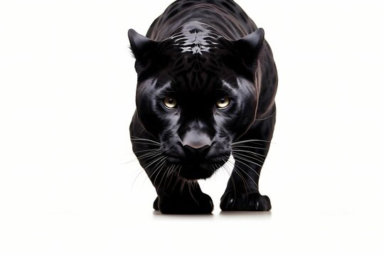 Sleek panther prowling with stealth, intense eyes focused ahead, isolated on white solid background