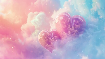 Two hearts floating in pastel dreamscape - A pair of transparent hearts hover amidst a whimsical backdrop of soft pastel clouds, conveying a dreamy, romantic mood - obrazy, fototapety, plakaty