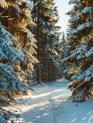 Snow-laden path through the pine forest - A picturesque path leads through snow-covered pine trees as sunlight filters through the forest