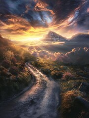 Scenic road leading to majestic sunset - A picturesque winding road leads toward a breathtaking sunset nestled between dramatic mountains and sky, symbolizing hope