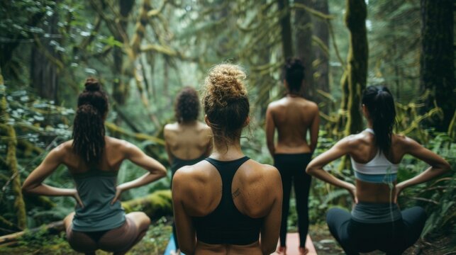 A group of yoga enthusiasts practicing poses in the midst of the forest backs to the camera as they connect with nature . .
