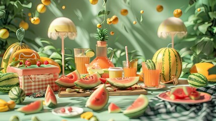 Obraz na płótnie Canvas A conceptual 3D model of a melon-themed summer picnic with melon slices
