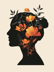 summer spring time, a head growing plants and flowers, renewal, growth, and the journey of personal development, people, minimalism style, illustration made with Generative Ai