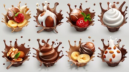 Fruit, berries and nuts. Milk and chocolate splashes, ice cream. 3d vector icon set