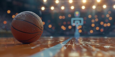 Basketball on Glossy Hardwood Court Floor with Defocused Background