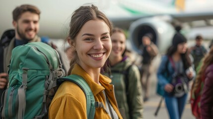 A group of travelers prepares to board a plane with a large green biofuel label emblazoned on its side. Smiling faces and excited chatter signify the positive impact of biofuelpowered . - obrazy, fototapety, plakaty