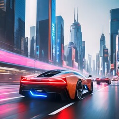 Imagine a futuristic cityscape bustling with hovercars, neon lights, and towering skyscrapers.