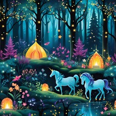 Create an enchanted forest scene with towering trees, glowing fireflies, and whimsical creatures like fairies and unicorns. Use vibrant colors and sparkling details to bring this magical world to life