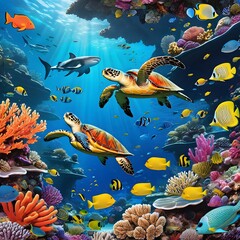  Dive into the depths of the ocean and illustrate a vibrant coral reef teeming with marine life. 