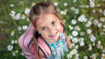 Smiling young girl enjoying spring among daisies. Casual style, happy child in nature. Ideal for family-themed content, outdoor lifestyle. AI