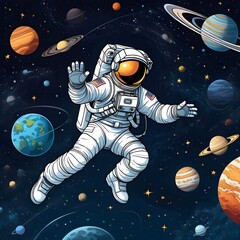  Illustrate an astronaut floating in space surrounded by planets, stars, and distant galaxies. Incorporate futuristic technology and a sense of wonder to capture the adventure of exploring the cosmos.