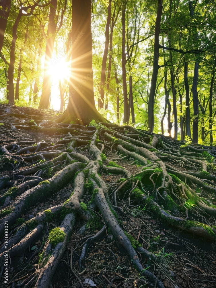 Poster sunlight peering through dense forest trees - a serene forest scene with sunlight filtering through 