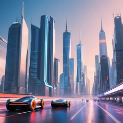 Imagine a futuristic cityscape bustling with hovercars, neon lights, and towering skyscrapers.