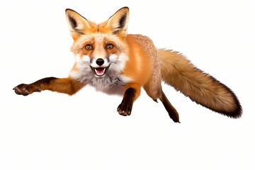 Obraz premium Playful red fox leaping gracefully, captured mid-air, isolated on white solid background