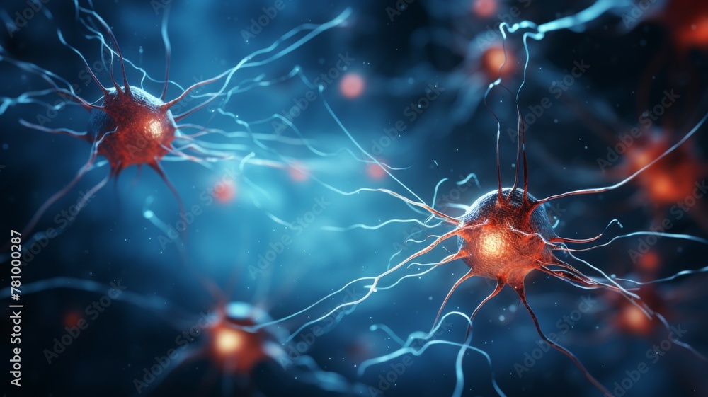 Poster vivid synaptic network of neuron cells - a vibrant 3d rendered visualization of interconnected neuro