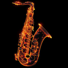 Fototapeta na wymiar Fiery Neon Outline of Saxophone on Black