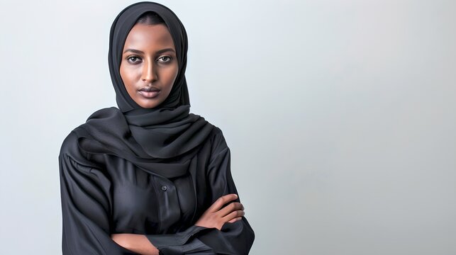 Confident woman in traditional hijab posing with assurance. Studio portrait showing diversity and empowerment. Culturally rich clothing style. AI