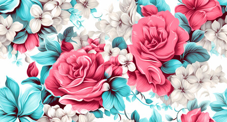 Beautiful pattern with flowers and leaves in pink